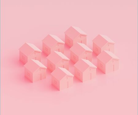 Small pink houses, futuristic town block abstract representation, street, quarter. 3d illustration