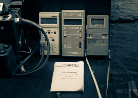 Moscow 17.11.2019. Old underground Soviet bunker. Radiation Personal Dosimeters: Pripyat, RKSB-104, ANRI-01-02のeditorial素材