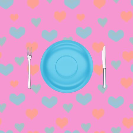Empty dinner plate on a beautiful tablecloth, fork and knife, view from above. 3d renderの写真素材