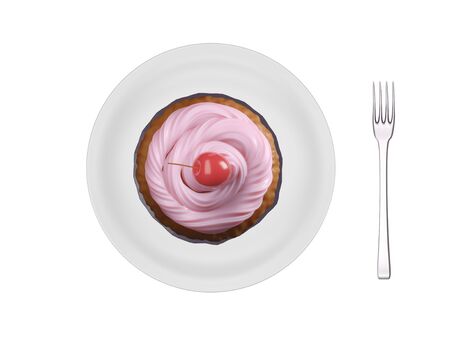 Delicious tasty cupcake with the pink icing on top and cherry, ready for kids party food, Mother's Day celebration. Cupcake on a plate, top view. 3d renderの写真素材
