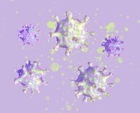 Bright lurid beautiful virus cells on a lilac background. COVID-19 concept. 3d illustration