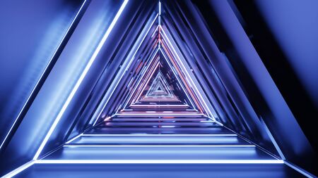 Abstract futuristic corridor with triangles, fluorescent ultraviolet light, colorful laser neon lines, geometric endless tunnel, blue pink spectrum, 3d illustrationの写真素材