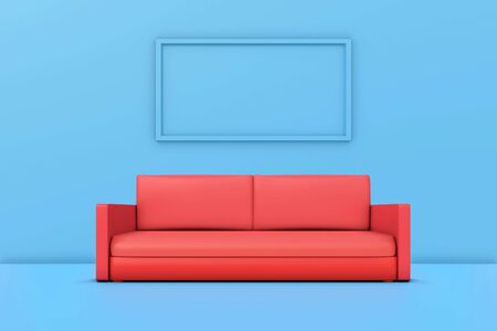 Red sofa with frames, blue walls. Background template modern living blank frame for insert artwork or text. 3d illustrationの写真素材