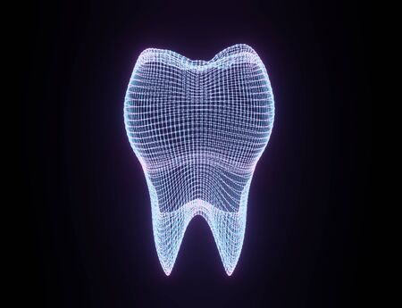 Tooth Wireframe Mesh. Neon grid molar. Connection Structure. Dental medicine, health concept. 3d illustrationの写真素材