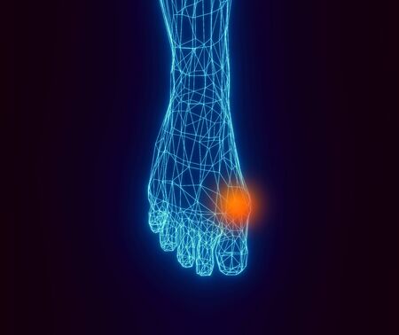Blue contour foot and red spot of pain on a dark background. Low-poly element for medicine and orthopedics, 3d illustrationの写真素材