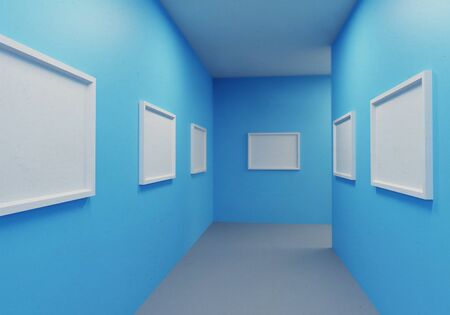 Gallery Interior with empty frames on wall, blue corridor. 3d illustrationの写真素材