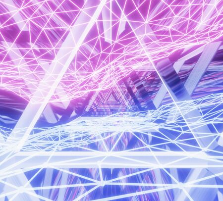 Futuristic corridor with triangles and wireframe, fluorescent ultraviolet light, blue pink spectrum,...