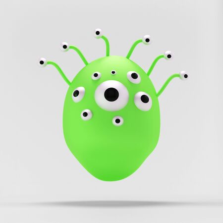 Cute green monster with many eyes, 3d illustrationの写真素材