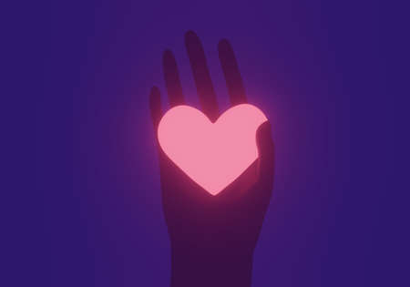 Hold a luminous bright heart in hands. Giving a heart, love. Heart symbol in hands. 3d illustrationの写真素材