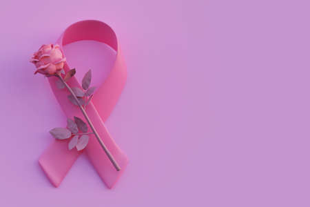 Breast cancer awareness, pink ribbon symbol with rose on pink background, 3d render