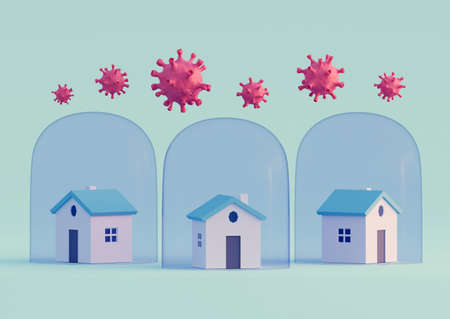 Houses under Transparent glass dome and virus cells. Stay home concept. Coronavirus protection....