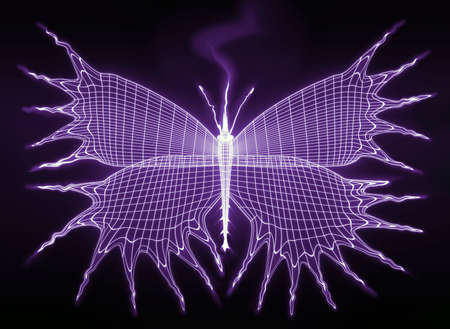 stylized unusual glowing butterfly with open wings on black background. 3d illustrationの写真素材