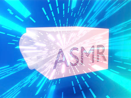 asmr microphone with ear on striped backdrop. 3d renderの写真素材
