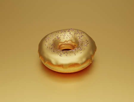 Golden donut with golden glaze, sweet unusual donut on golden background, jewelry craftsmanship, 3d renderの写真素材