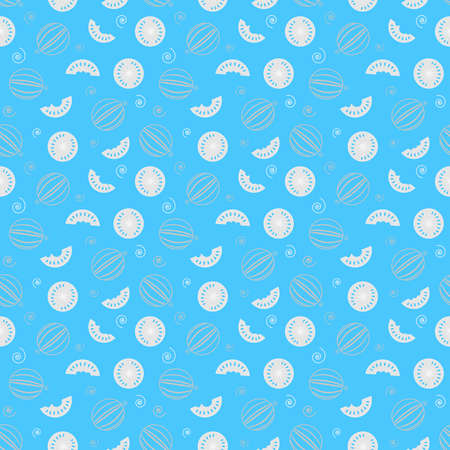 Fresh and juicy watermelon and slices, blue seamless patternの写真素材