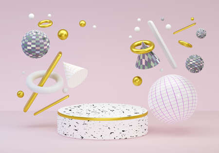 Stage Podium Scene with geometric checkered shapes on light pastel background. Blank product stand,...