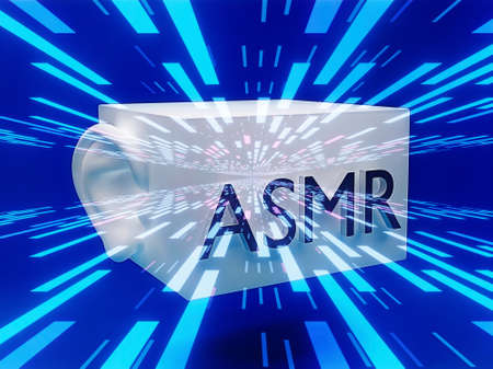 microphone asmr with ear, striped background, autonomous sensory meridian response. 3d illustration