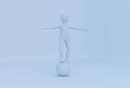 person in equilibrium on a ball, man balancing on a sphere, 3d renderの写真素材