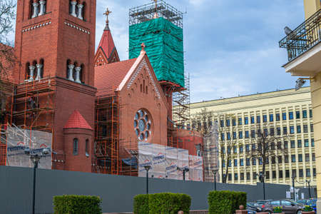 Minsk, Belarus - April 29, 2017: Attraction - Church of St. Simeon and St. Helena under renovation. Independence Avenueのeditorial素材