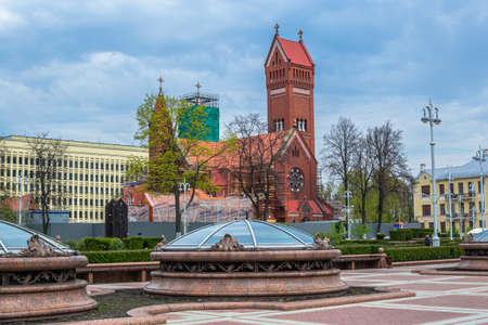 Minsk, Belarus - April 29, 2017: Attraction - Church of St. Simeon and St. Helena under renovation. Independence Avenueのeditorial素材
