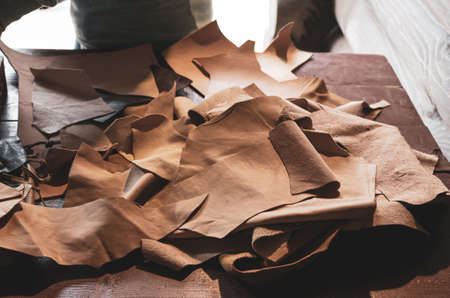 pieces of natural brown leather fabric for crafts