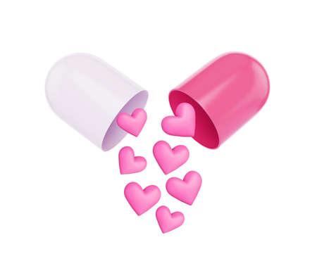 Opened capsule pill with falling hearts isolated on white background. Element design for medical pharmaceutics love concept, 3d renderの写真素材