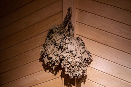 Oak Bath Broom Russian Banya Venik for Sauna weighs on the wood wallの写真素材