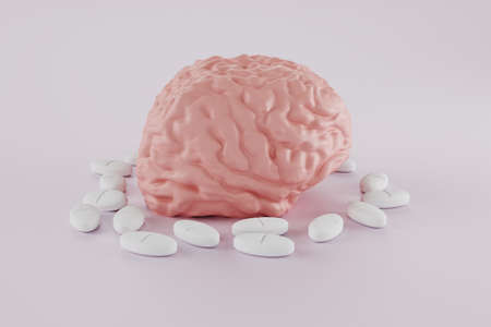 human brain surrounded by pills on light background, nootropic for the brain or headache pill, a...