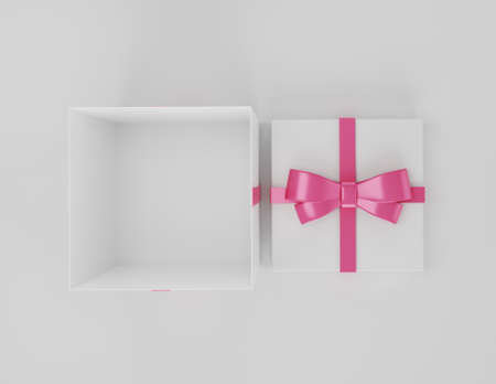 open white gift box with a pink bow on light background, top view, 3d illustration