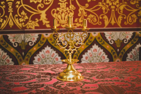 Moscow, Russia - September 5, 2020. Golden chandelier in the Palace of Tsar Alexei Mikhailovich Romanov, House of Father of Peter 1.17th century building in Kolomenskoye parkのeditorial素材