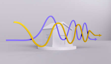Miniature house and curved arrows down up. Concept of low cost real estate. Lower mortgage interest...