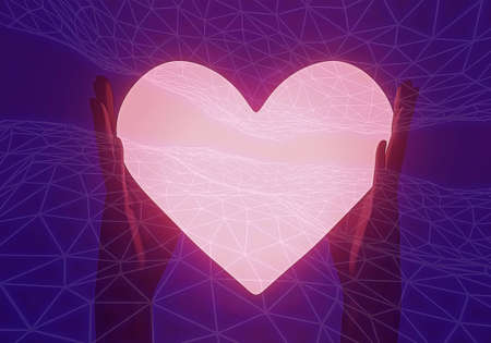 Hold a luminous bright heart in hands. Giving a heart, love. Heart symbol in hands. 3d illustration