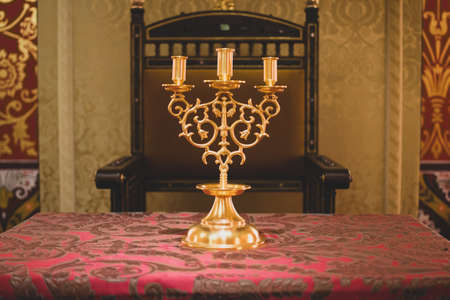 Moscow, Russia - September 5, 2020. Golden chandelier in the Palace of Tsar Alexei Mikhailovich...