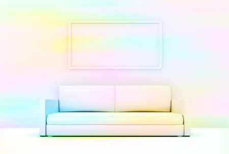 White minimalist living room with sofa and frame, color spots. 3D illustrationの写真素材