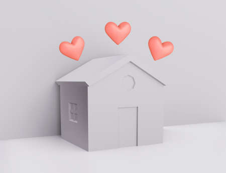White papercraft house with hearts, beloved family home concept, 3d illustrationの写真素材