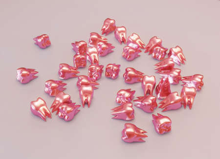 Unusual red molar teeth are scattered on a plane. 3d illustration