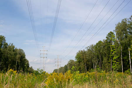 Energy distribution high voltage power line tower landscape with wires and trees