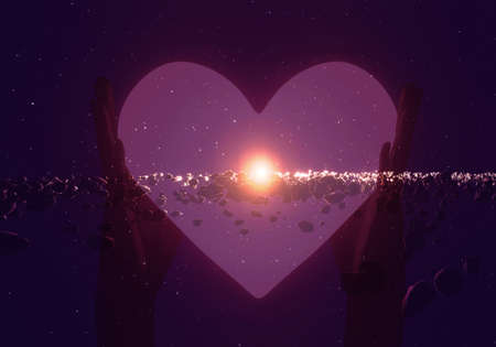Hold a luminous bright cosmos heart in hands. Giving a heart, love. Heart symbol in hands. 3d...