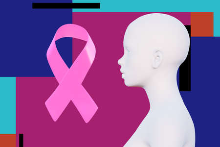 minimal female bald head and pink ribbon, side view, breast cancer awareness concept, place for...
