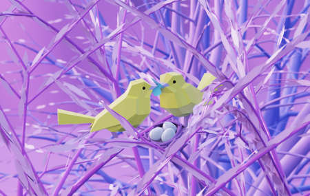 two beautiful lovers low poly polygonal birds sitting on a branch pink tree with nest in fairy...