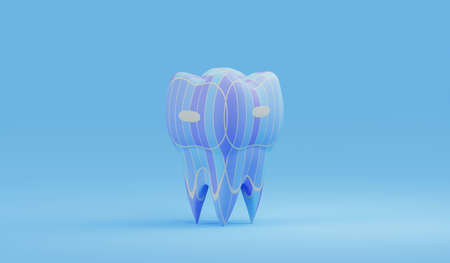 colored decorative molar tooth on blue background. Abstract creative dental care concept. 3d renderの写真素材