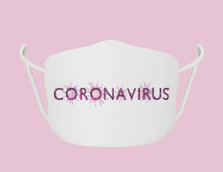 White Face Mask with text Coronavirus, front view, isolated. Covid-19 protection concept. Fabric reusable medical mask for doctors and patients, 3d renderの写真素材