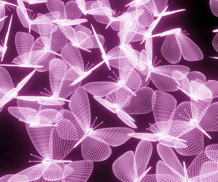 a flock of butterflies fly, abstract neon polygonal geometric butterflly consisting of lines. Wireframe technology structure. Glowing polygonal geometric. 3d renderの写真素材
