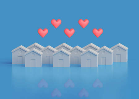 Many white houses with hearts over roofs, beloved family home concept, native city, 3d illustration