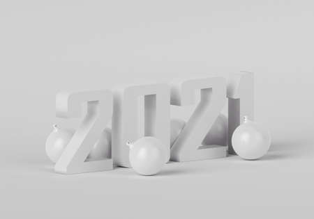 White number new year 2021 with Christmas balls on white background, 3d renderの写真素材