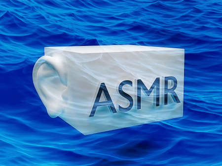 box microphone asmr with ear on blue sea backdrop. 3d illustrationの写真素材