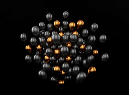 many flying shiny metallic black and gold color balloons on black background, 3d renderの写真素材
