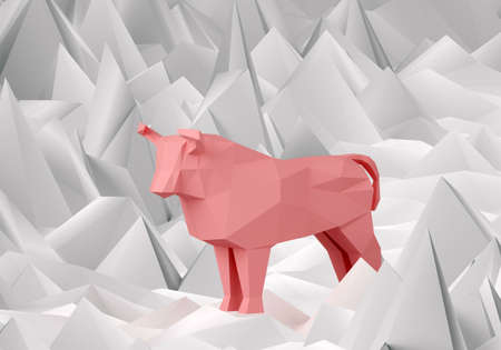 Figurine of pink low poly Paper Bull on polygonal white background, a symbol of the new year 2021, 3d renderの写真素材