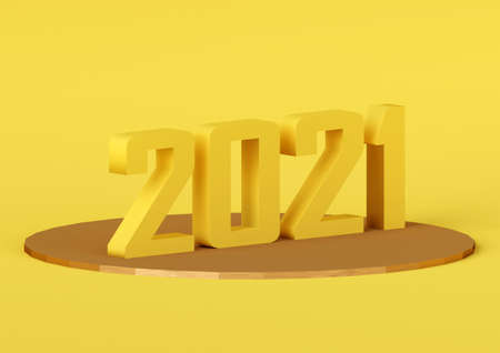 yellow number new year 2021 on cylinder stand, 3d renderの写真素材
