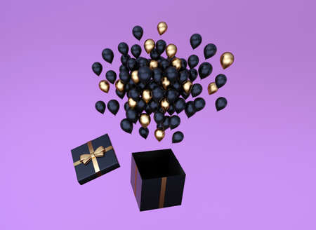Opened black gift box and flying balloons on violet background, 3d render